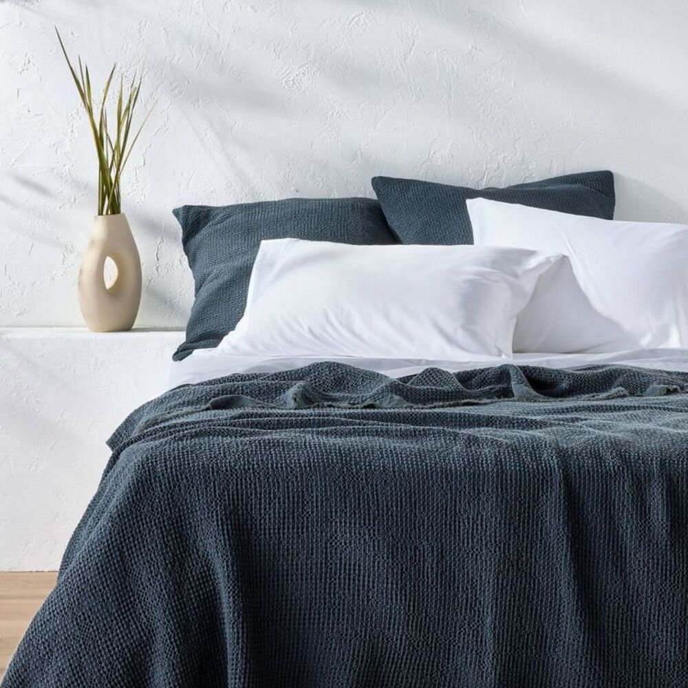 Casaluna - King Textured Waffle Coverlet Dark Mineral Blue - Blue
